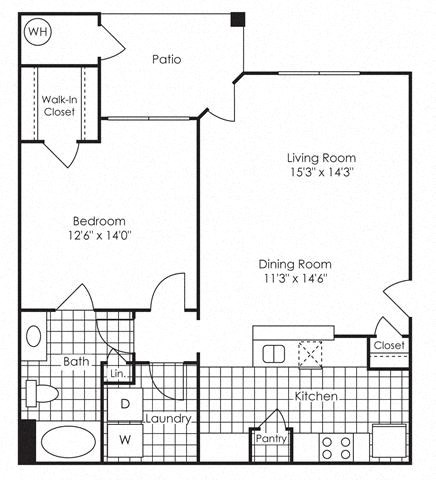1-bedroom/1-bathroom floor plan layout with 799 square feet at Evergreens at Mahan apartments for rent in Tallahassee, FL